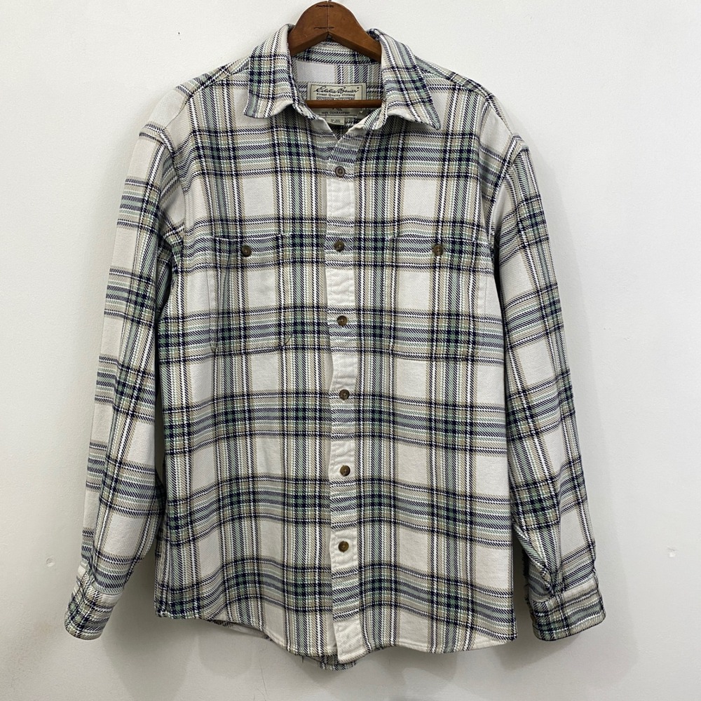 Vintage Eddie Bauer Mens Shirt M Green Plaid Heavy Flannel Button Up Long Sleeve